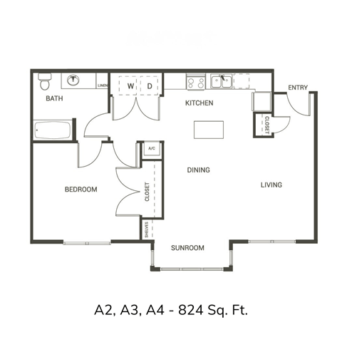 Floor plan for 1 bed, 1 bath, 824 sqft